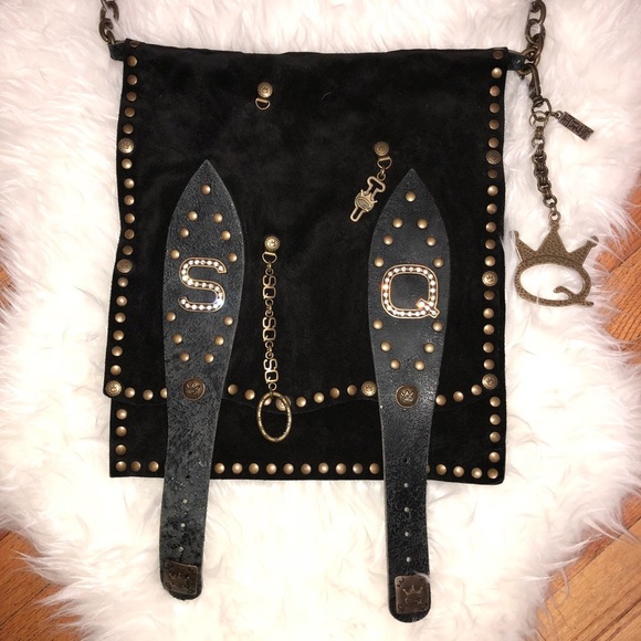 SAVE THE QUEEN Black Suede Studded Lucite Beads Strap Crossbody Bag Keychain - Picture 2 of 8